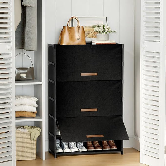 Shoe Rack, 7 Tier Shoe Storage Cabinet with Door 28 Pair Plastic Shoe Shelves Organizer for Closet, Entryway, Hallway, Bedroom, Black