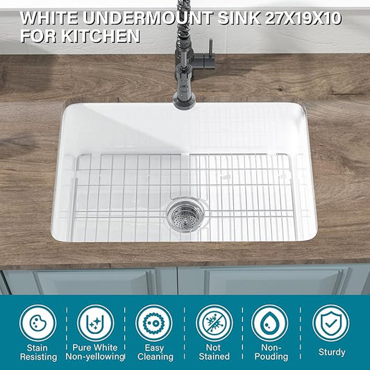 Undermount Kitchen Sink White 27 x 19 Inch,10" High Top Mount Fireclay Sink Drop In Single Bowl, Dual Mount, with Accessory 2 Types, Pure White, for Kitchen & Laundry