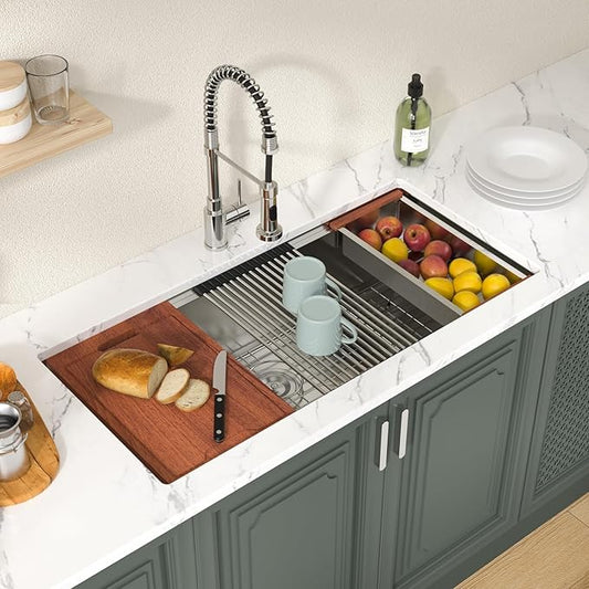 Lordear 39 Inch Undermount Kitchen Sink Workstation Large Single Bowl Under Counter Kitchen Sink T304 16 Gauge Stainless Steel Basin 39x19X10 Inch