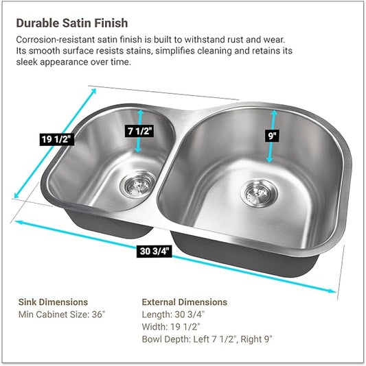 MSI 30 inch Undermount 40/60 Double Bowl 18 Gauge Stainless Steel Kitchen Sink and Strainer