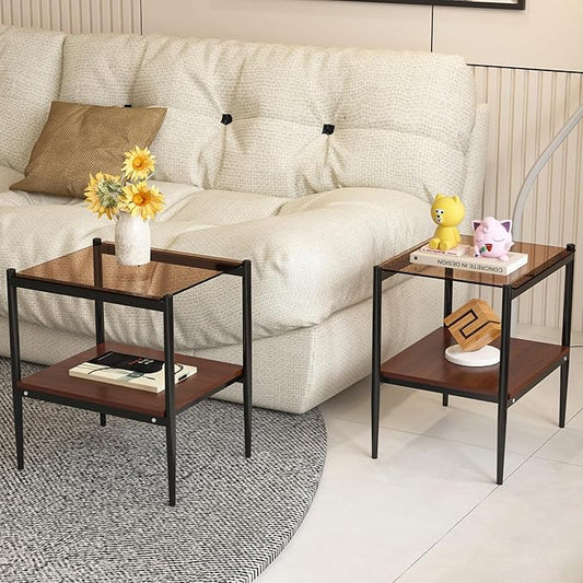 Set of 2 Glass End Table, 2-Layer Glass Living Room Table, Modern Tea Table Side Tables for Home Office Furniture