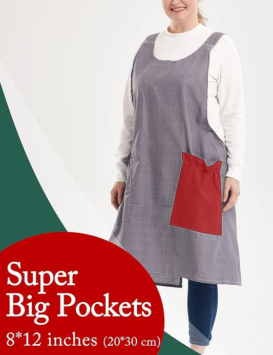 Big Plus Size Aprons for Women with Pockets Cotton Linen Baking Kitchen Cooking