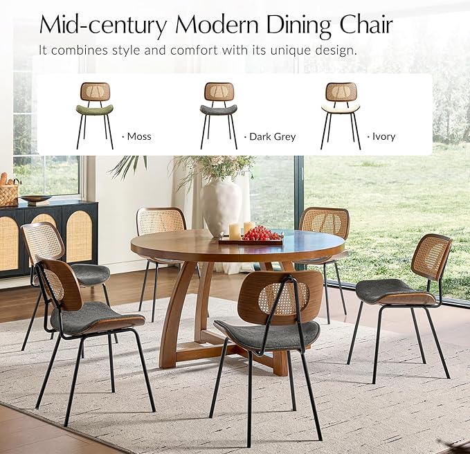 HULALA HOME Rattan Dining Room Chairs Set of 4, Farmhouse Upholstered Kitchen Chair with Square Woven Backrest, Metal Legs, Accent Side Chairs for Dining Living Room Resurant Cafe - Dark Gray