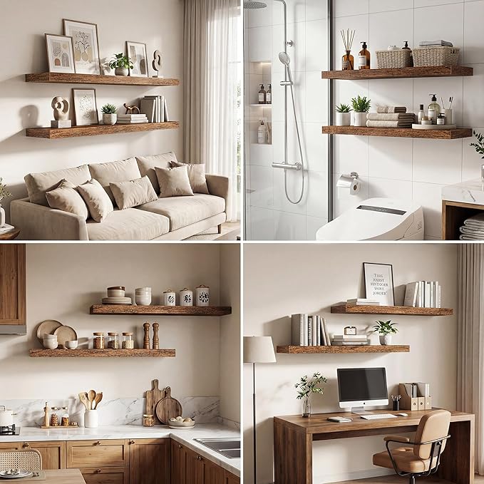 Dreamland 36 Inches Floating Shelves for Wall, 9.3" Deep Long Floating Shelves Set of 2, Large Display & Storage Shelf, Wall Shelf for Bathroom Bedroom Living Room Kitchen Office, Rustic Brown
