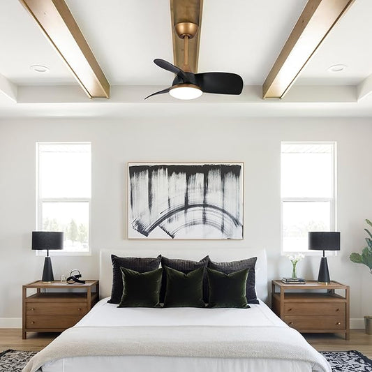 28 Inch Black Gold Ceiling Fan with Light and Remote, Industrial Modern Small Ceiling Fan, 6-Speed Quiet DC Motor, Reversible Airflow, Dimmable LED Light, Use for Bedroom, Dining Room, Kitchen