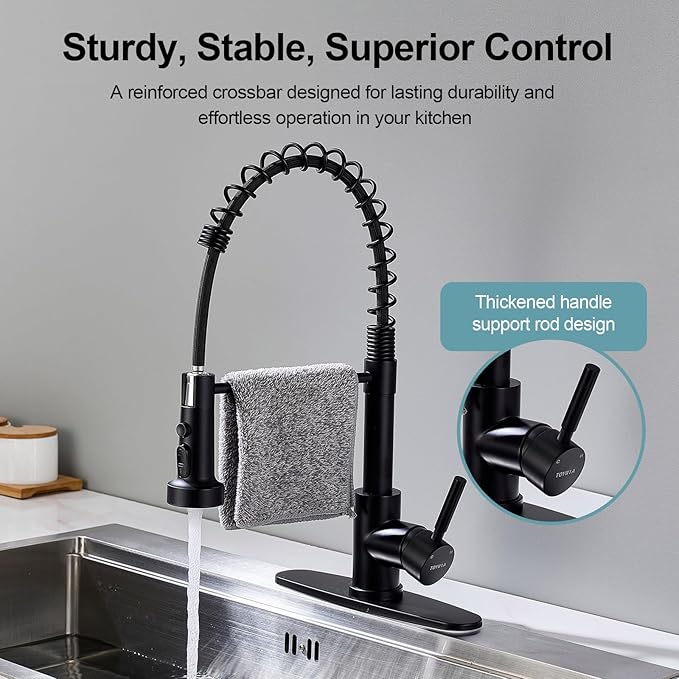 Kitchen Faucets with Pull Down Sprayer, Matte Black Stainless Steel Single Handle Pull Out Spring Sink Faucet, 3 Function Sprayer 1 or 3 Hole Deck Plate for Farmhouse Laundry Rv Bar