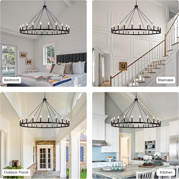 ANKYLHUA 52 inches Black Wagon Wheel Chandelier- 24 Light Large Farmhouse Chandelier Industrial Rustic Dining Room Light Fixture Round High Ceiling Pendant Light for Living Room Entryway Foyer
