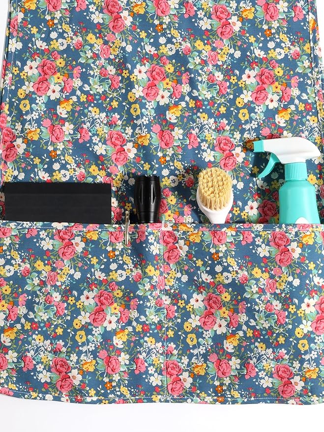 Women Cobbler Apron with 2 Pockets, Vintage Floral Aprons for Women Chef Apron for Baking, Cooking, Gardening