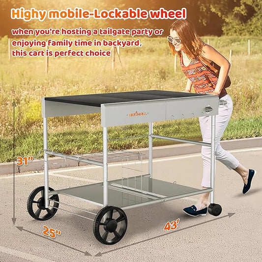 Upgraded Pizza Oven Cart Table for Ooni Koda/Karu/Fyra 16 & 12, Movable Thicken & Widen Rolling Kitchen Cart, Outdoor Grill Stand for Ninja Woodfire,Blackstone Griddle,Barbecue Tool Set