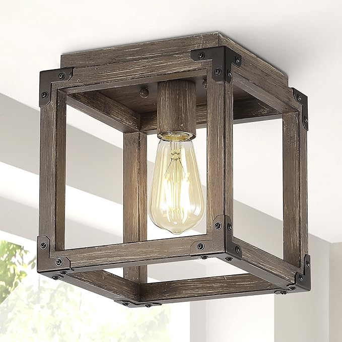 JONATHAN Y 8" Brown Oil Rubbed Bronze 1-Light Iron Flush Mount, Rustic Farmhouse Square Ceiling Light, Industrial Metal Open Frame for Kitchen Hallway, LED Bulb Included JYL7473A