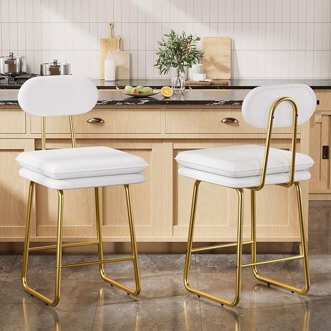 VECELO Bar Stools Set of 2, Counter Height Barstools with Removable Backrest, Padded Seat and Metal Legs, PU Leather Upholstered Bar Chairs for Kitchen, Island, White