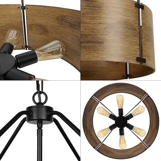 CNRATYE 6-Light Farmhouse Dining Room Light Fixtures Over Table, Vintage Industrial Large Drum Chandelier, Rustic Round Coastal Chandelier for Entryway Kitchen Island, Antique Woodgrain Finishe