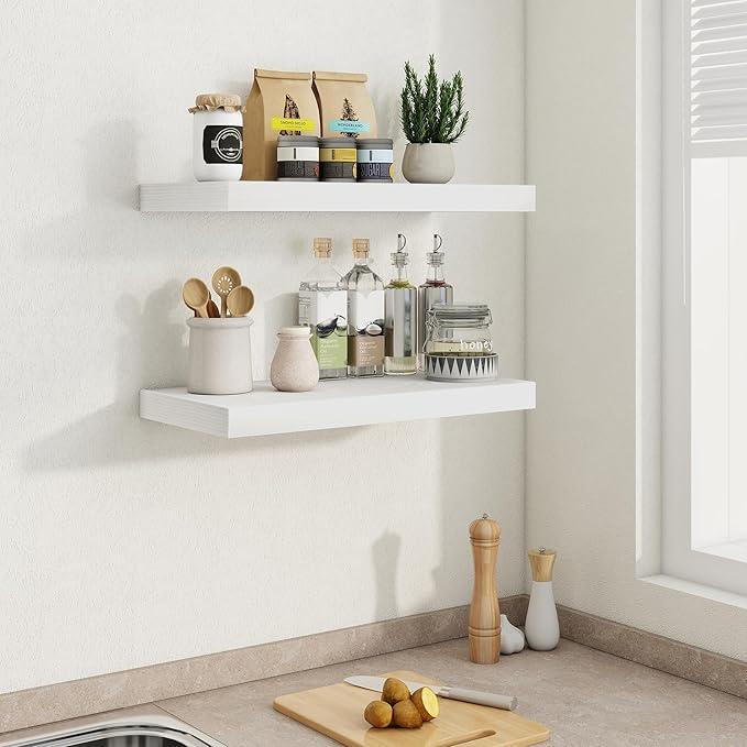 Fun Memories 24 Inch Floating Shelves in White, 9.3 Inch Deep Floating Shelf for Bathroom Living Room Kitchen, Rusitc Wall Mounted Bathroom Shelves 2 Pack, Heavy-Duty Deep Shelf for Books Decor