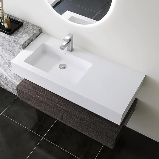 39.4"x18.9" Wall Mount Bathroom Vanity with Stone Resin Sink, White Floating Vanity Sink, Rectangular Vessel Sink for Bathroom, Modern Trough Design Matte White
