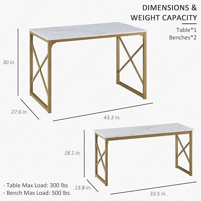VECELO Kitchen Table with 2 Benches for 4, Wood Dining Room Dinette Sets with Metal Frame for Breakfast Nook and Small Space, Gold