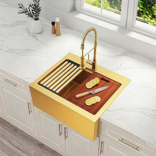 28 Inch Farmhouse Gold Sink, 16 Gauge 304 Stainless Steel Farm Sinks, Drop In Topmount Single Bowl Workstation Sink with all Accessories, 28" x 22" x 10" Deep Kitchen Sink