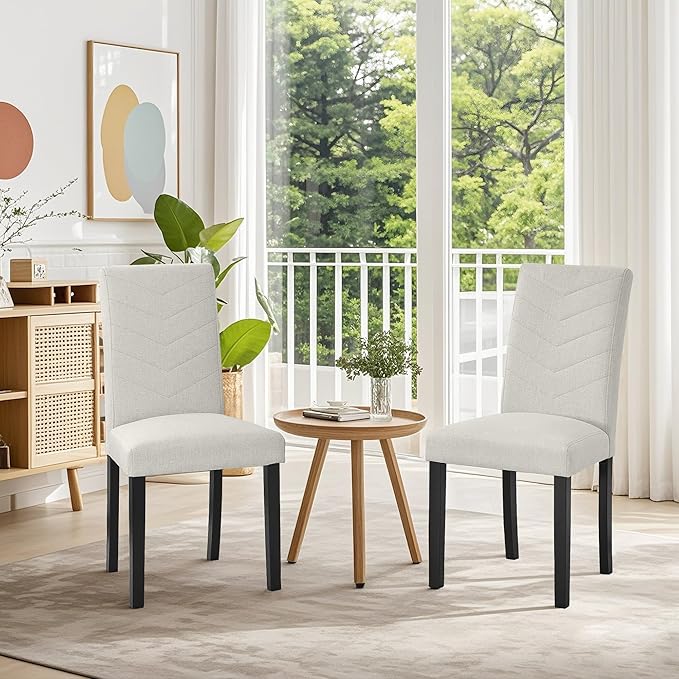 VECELO Upholstered Dining Chairs Set of 6, Fabric Wood Legs High Back for Kitchen Living Room, Beige