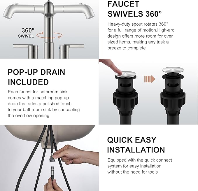 KENES Pull Down Bathroom Faucet with Sprayer, Brushed Nickel 4 Inch 2 Handle Centerset Bathroom Faucets 3 Hole with Pull Out Sprayer, Vanity Faucet with Pop Up Drain & Supply Lines LJ-9059A
