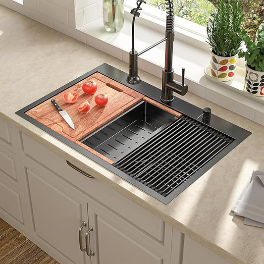 Lordear 36 Inch Black Drop In Kitchen Sink - 36x22x10 Inch Drop in Top Mount Sink 16 Gauge Stainless Steel Single Bowl Ledge Worktation Kitchen Sinks Handmade Deep Basin With Cutting Board