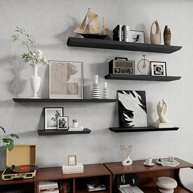 Fun Memories Floating Shelves 48 Inch Long, 9.3 Inch Deep Classic Crown Molding Floating Shelves for Wall, Rustic Wooden Shelves for Wall Decor Bathroom, Kitchen, Office, (Black, 1Pack)