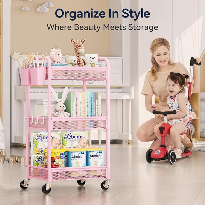 YASONIC 3 Tier Rolling Cart – Metal Utility Storage Cart with Wheels, Craft Cart Organizer with Hanging Cups, Hooks, Mesh Basket for Bedside Kitchen Office Art, Pink