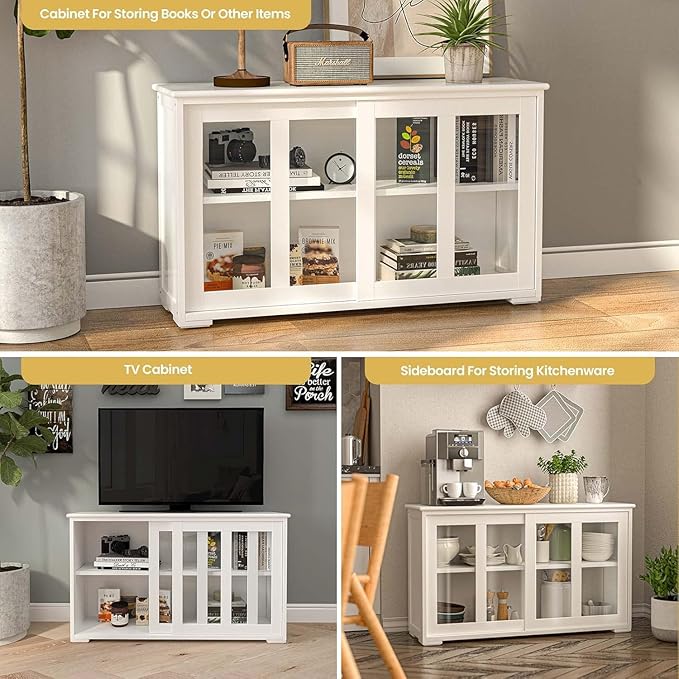 NAFORT Wooden Buffet Cabinet Sideboard with Sliding Doors, Kitchen Storage Console Table, Accent Coffee Bar with Adjustable Shelf for Living Room, Dining Room (White, 13" D x 42" W x 24.5" H)