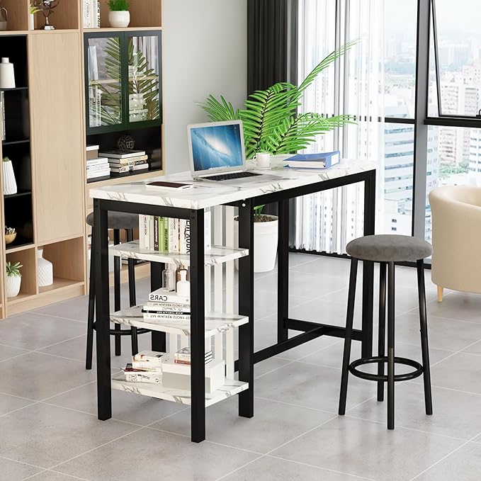 AWQM Bar Table Set with Storage Shelves, 47" Modern White Faux Marble Breakfast Table with 2 Velvet Stools, 3-Piece Dining Set for 2, Space Saving Table for Kitchen/Dining Room/Living Room/Studio