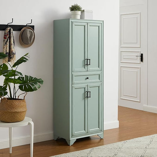 Crosley Furniture Tara Pantry Storage Cabinet with Shelves, Kitchen, Dining, or Laundry Room, Distressed Seafoam Blue