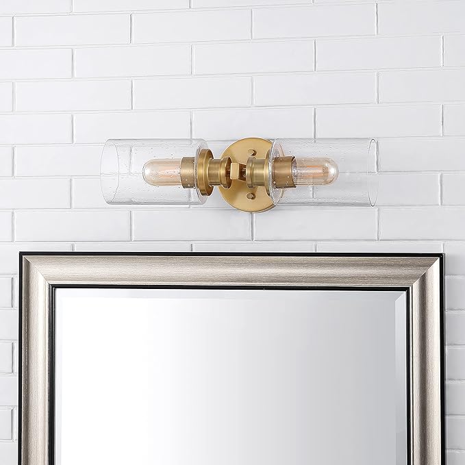 JONATHAN Y 16.5" Brass Gold 2-Light LED Wall Sconce, Modern Farmhouse Vanity Light with Seeded Glass Shade, Industrial Iron Fixture for Bathroom Mirror, LED Bulbs Included (JYL7577E)