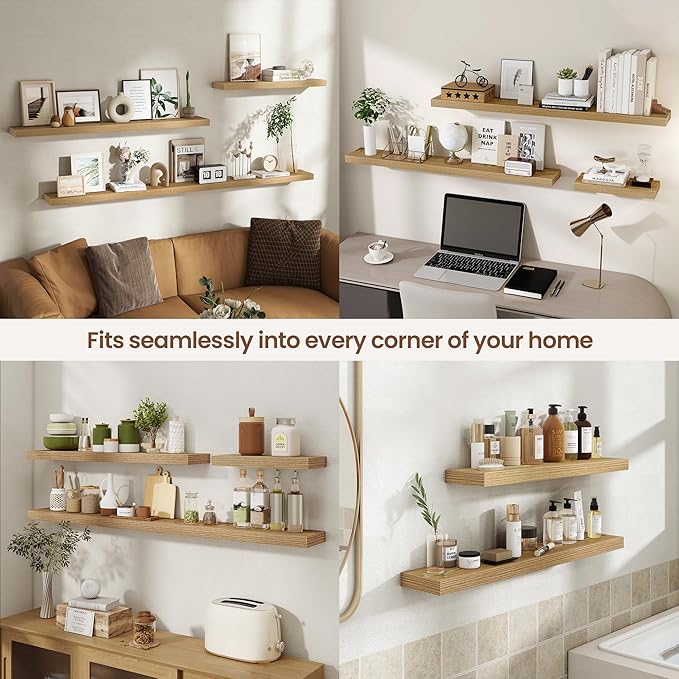 Acovy 16 Inch Floating Shelves for Wall 2 Pack, 16" Wall Shelves for Books, Storage, Decor, Wall Mounted Floating Shelf with Invisible Brackets for Kitchen, Living Room, Light Brown