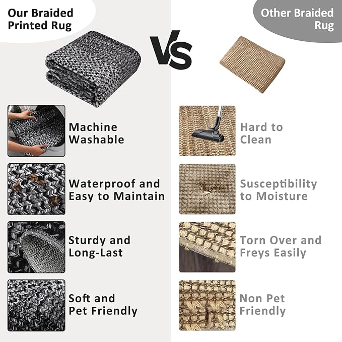 Imitation Braided Collection-Print Washable Rugs 10x13 Area Rug for Living Room Modern Bedroom Rug Soft Large Area Rug Non Slip Throw Rugs Stain Resistant Carpet for Nursery Dining Room