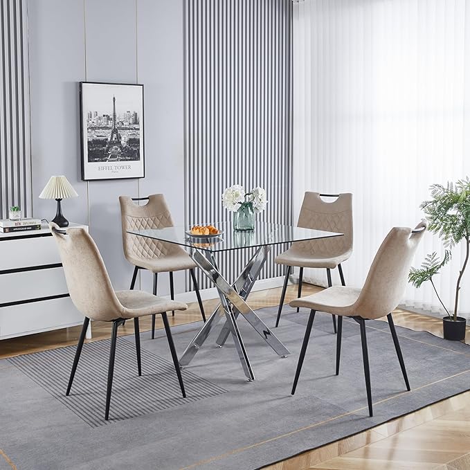 36'' Square Dining Table for 2-4, X-Shape Silver Metal Legs, Glass Tea Table Square Kitchen Table for Small Space