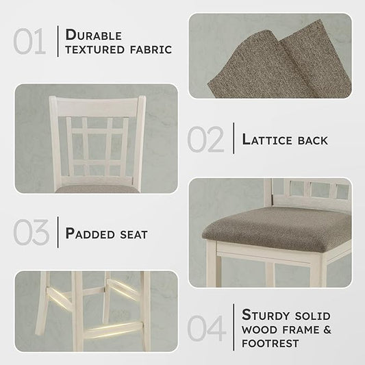 Lexicon Counter Height Stools Set of 2 - Meyer Kitchen Counter Stools Upholstered Foam Padded Seat, Lattice Back, Solid Wood Frame, Farmhouse Oak Chair, 25.5" Seat Height, Antique White