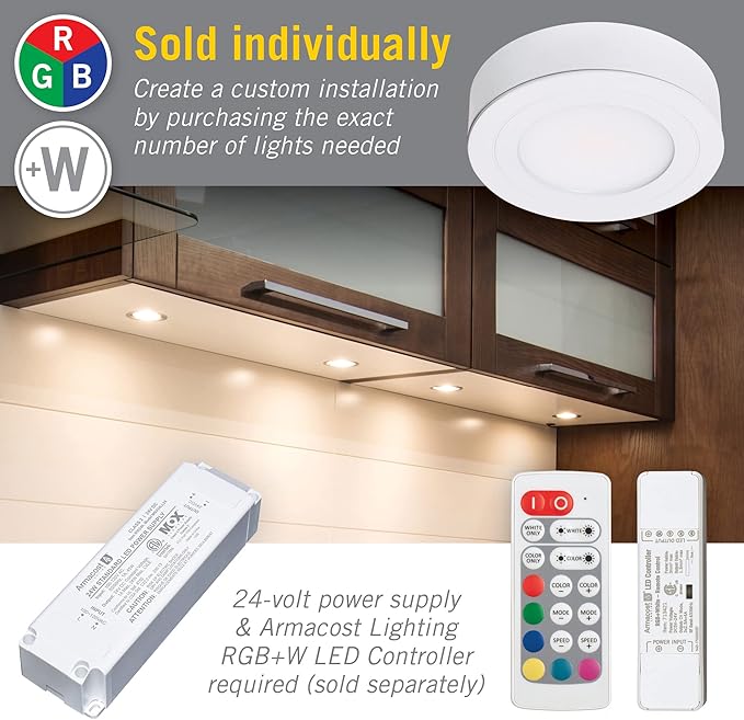 Armacost Lighting PureVue Dimmable LED Undercabinet Puck Light, RGB+W, Brushed Steel 263411