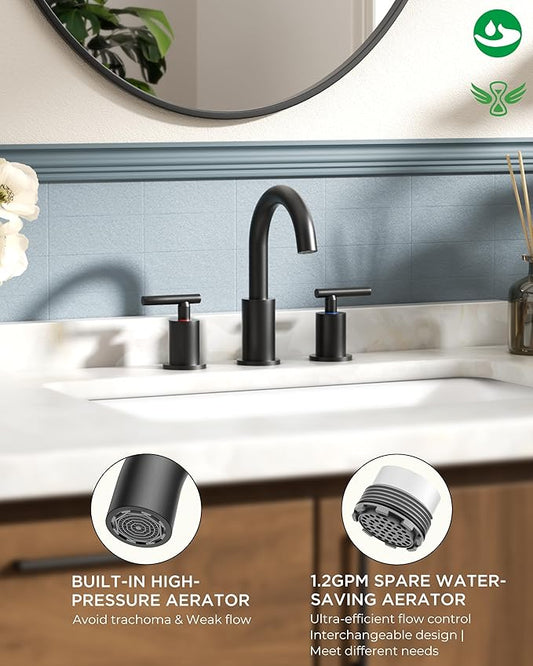 FORIOUS Black Bathroom Faucet 3 Hole, 8 Inch Matte Black Bathroom Sink Faucet Widespread with 360ยฐ Swivel Spout, Suitable for 6-12 Inch Vanity Sink, with Pop-up Drain and cUPC Supply Line