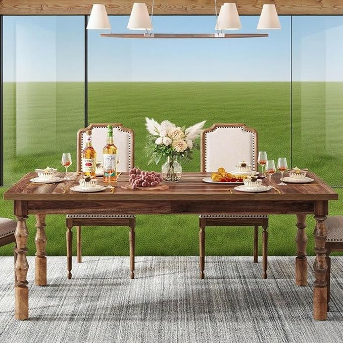 Farmhouse Dining Table, 62" Rectangular Wood Kitchen Table with Turned Legs, Rustic Farmhouse Dining Room Table for 4-6 People, for Dining Room, Kitchen and Living Room