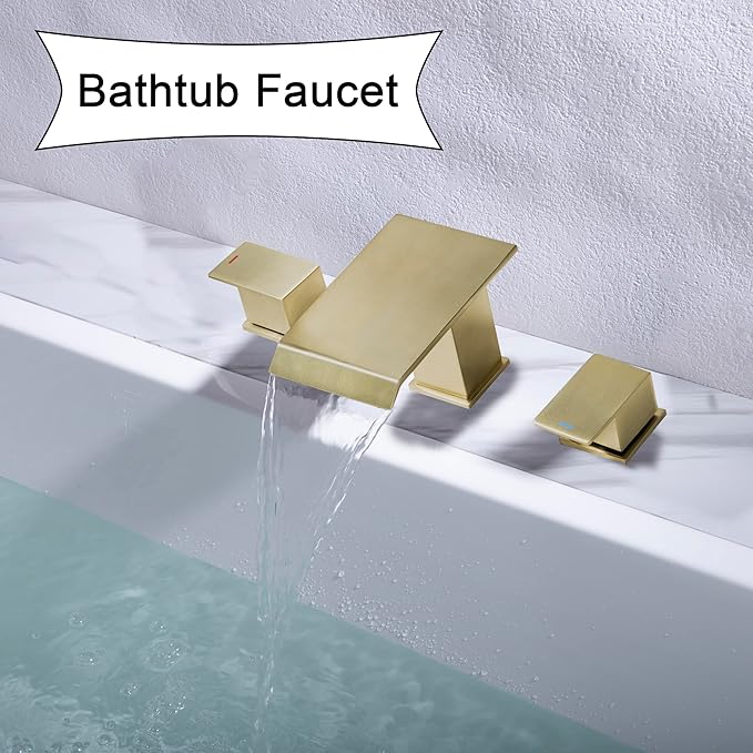 Roman Tub Faucet Brushed Gold Deck Mount Waterfall Bathtub Faucet 2 Handles High Flow Bath Tub Faucet Set