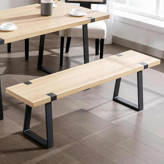 BESTANO Wooden Dining Bench 60” Industrial Table Benches, Seating Chair Rustic Indoor Benches, Mid Century Kitchen Bench with Metal Legs, Light Oak