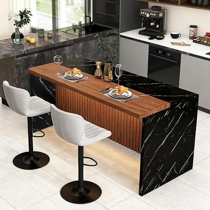 Runboll 63" Large Island Table for Kitchen with Multi-Color LED Lights, Modern Faux Marble Dining Table for 4-6 People, Kitchen Island with Grille Design for Dining Room, Home, Office, Living Room
