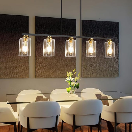 Mecgirn Island Light for Kitchen, Black and Gold Dining Room Light Fixture Over Table, 5-Light Linear Chandelier Pendant Lighting for Dining Table Kitchen Island Living Room