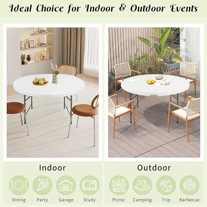 Fivenl 4 FT Round Folding Tables White Foldable Table, Fold-in-Half with Carrying Handle Portable Plastic Table for Party, Dining, Wedding, Camping, Picnic, Indoor Outdoor Events