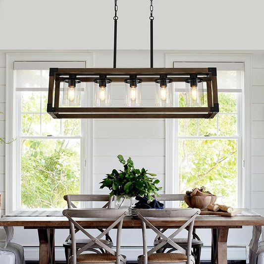5-Light Kitchen Island Light Fixtures, Black Rectangle Farmhouse Chandeliers, Dining Room Light Fixture Chandelier Over Table, Rustic Wooden Large Pendant Lights kitchen island, with Clear Glass Shade