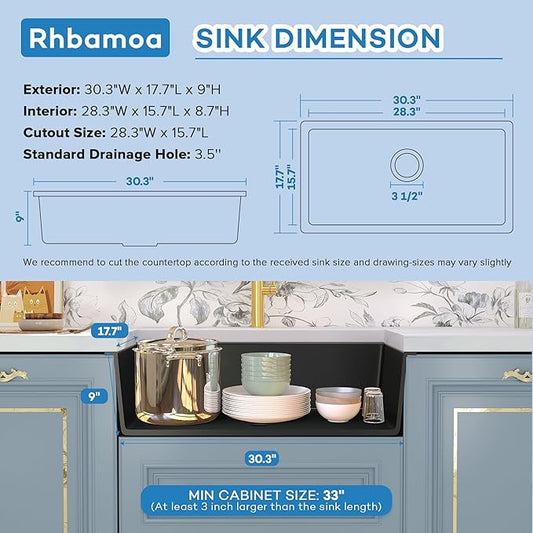 Rhbamoa 30 inch Black Granite Composite Kitchen Sink,Matte Black Undermount Kitchen Sink 30''x18'',9 inch Deep Single Bowl Composite Sinks,Large Quartz Sinks with Accessories