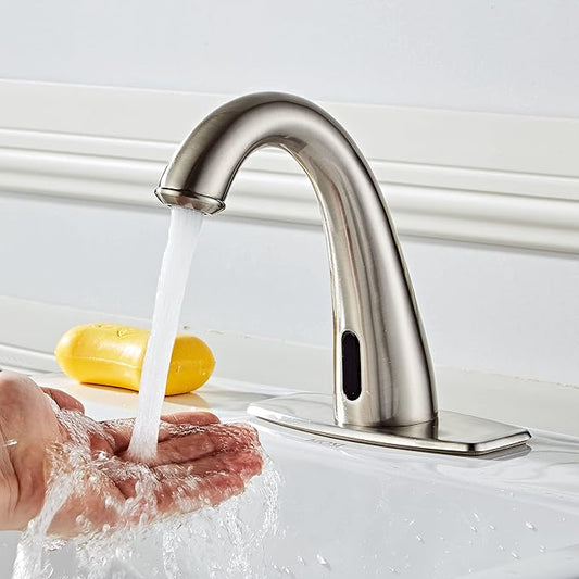 Automatic Touchless Bathroom Faucet Motion Sensor Activated Commercial Basin Sink Vantiy Hands Free Auto Infrared Mixer with Hole Cover Deck Plate Temperature Control Hot Cold Burshed Nickle