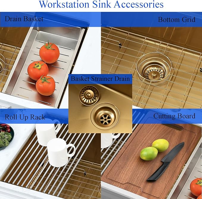 30 Inch Undermount Gold Kitchen Sink-Bokaiya Stainless Steel Undermount Workstation Sink 16 Gauge 10 Inch Deep Single Bowl Undermount Kichen Sink with Cutting Board