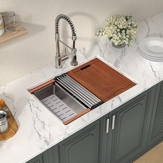 Lordear 26 Undermount Kitchen Sink Workstation 26x19 Stainless Steel Sinks 16 Gauge Deep Single Bowl Under Counter Kitchen Sink Basin with Cutting Board