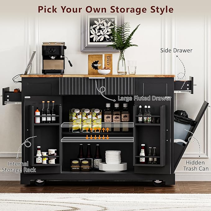 Merax Fluted Kitchen Island with Trash Can Storage Cabinet, Power Outlet, Internal Storage Rack, Rolling Kitchen Storage Cart on 5 Wheels with 3 Drawer, 3 Open Side Racks, Black