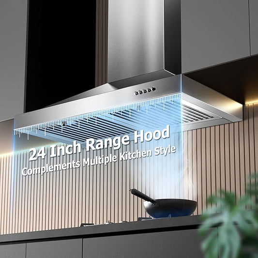 24 Inch Range Hood, Wall Mount Vent Hood in Stainless Steel with Ducted/Ductless Convertible Duct, 3 Speed Exhaust Fan, Energy Saving LED Light, Push Button Control, 2 Pcs Baffle Filters