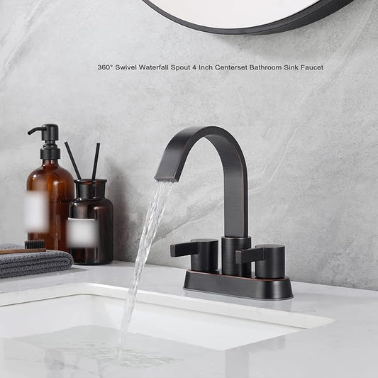 Oil Rubbed Bronze Bathroom Faucet 3 Hole, Senhozi 4 Inch Centerset Bathroom Faucet with Pop up Drain and 2 Supply Lines, Waterfall Bathroom Faucet Modern Faucet Bathroom, SE-0048-ORB