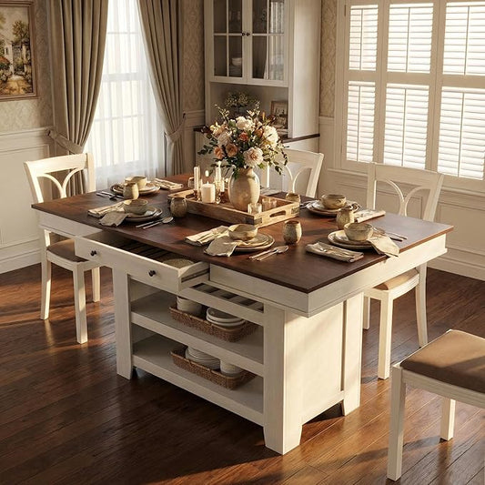 IDEALHOUSE 60" Wood Dining Table for 4-6, Counter Height Kitchen Table with Wine Rack and 2 Drawers, Open Shelves and Sturdy Legs, 4-Tier Stationary Kitchen Island for Dining Room and Kitchen